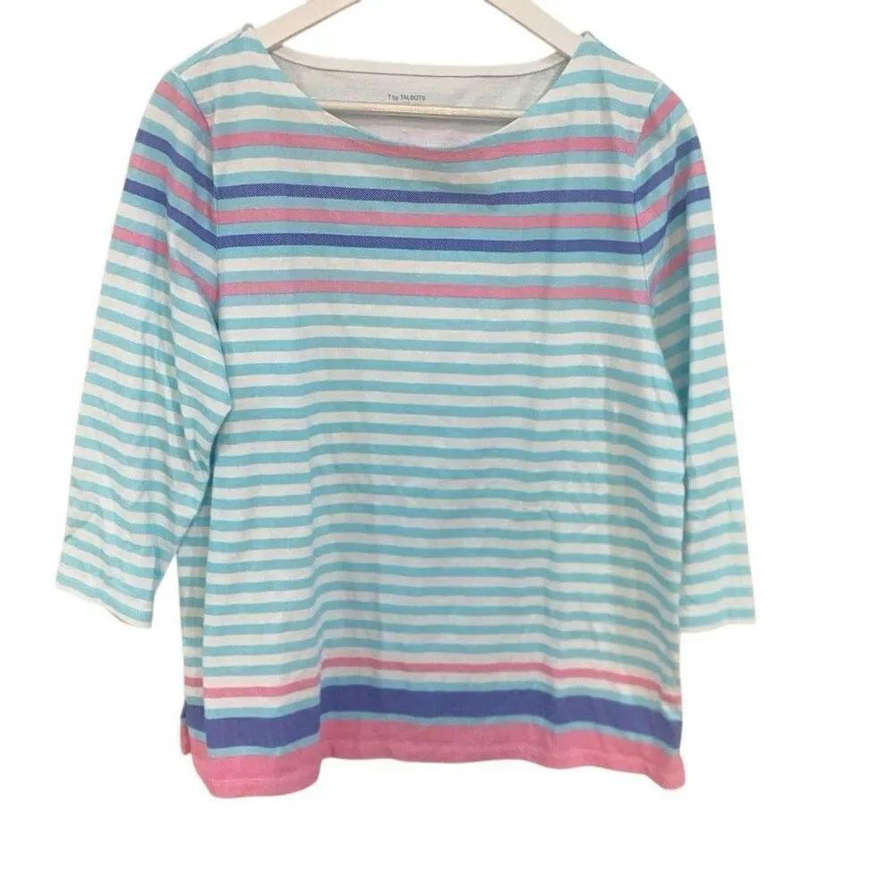 T by Talbots large 100% cotton three-quarter sleeve crewneck, white blue pink st